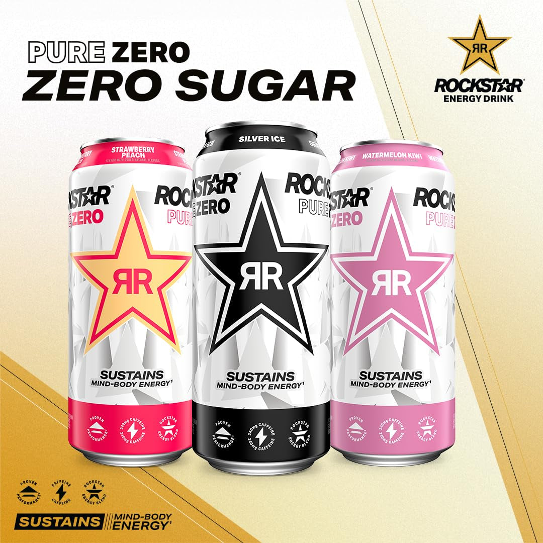 Pure Zero Energy Drink, Fruit Punch, 0 Sugar, with Caffeine and Taurine, 16Oz Cans (12 Pack) (Packaging May Vary)