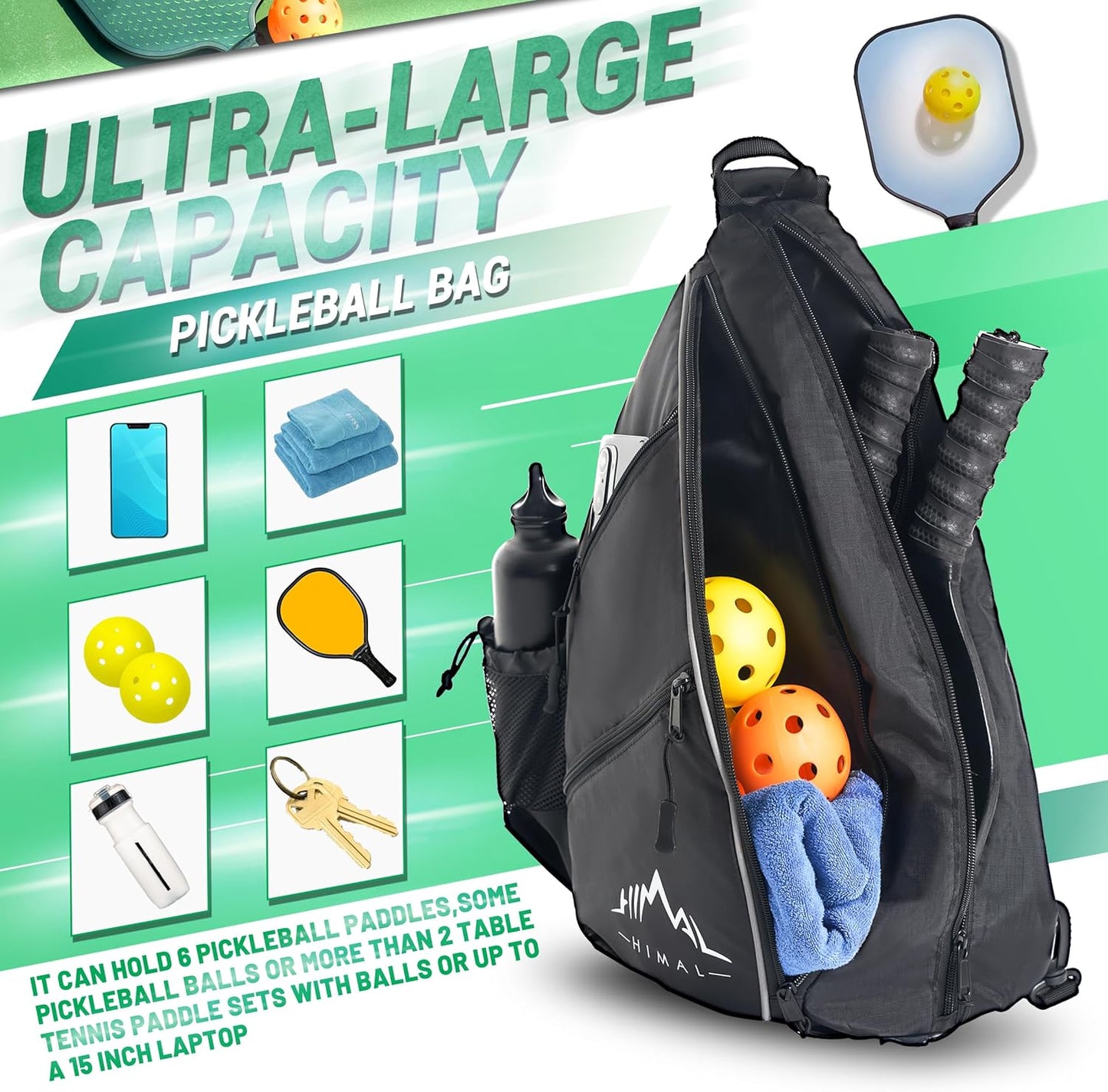 Pickleball Bag Adjustable, Pickleball Backpack with Water Bottle Holder for Men and Women