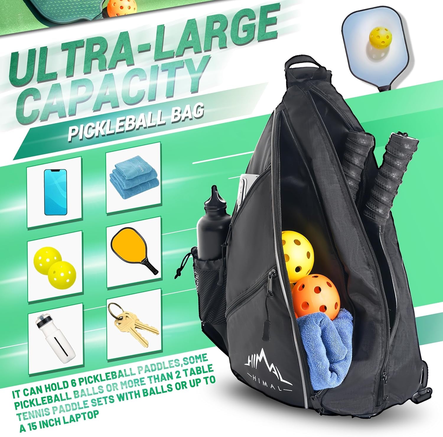 Pickleball Bag Adjustable, Pickleball Backpack with Water Bottle Holder for Men and Women